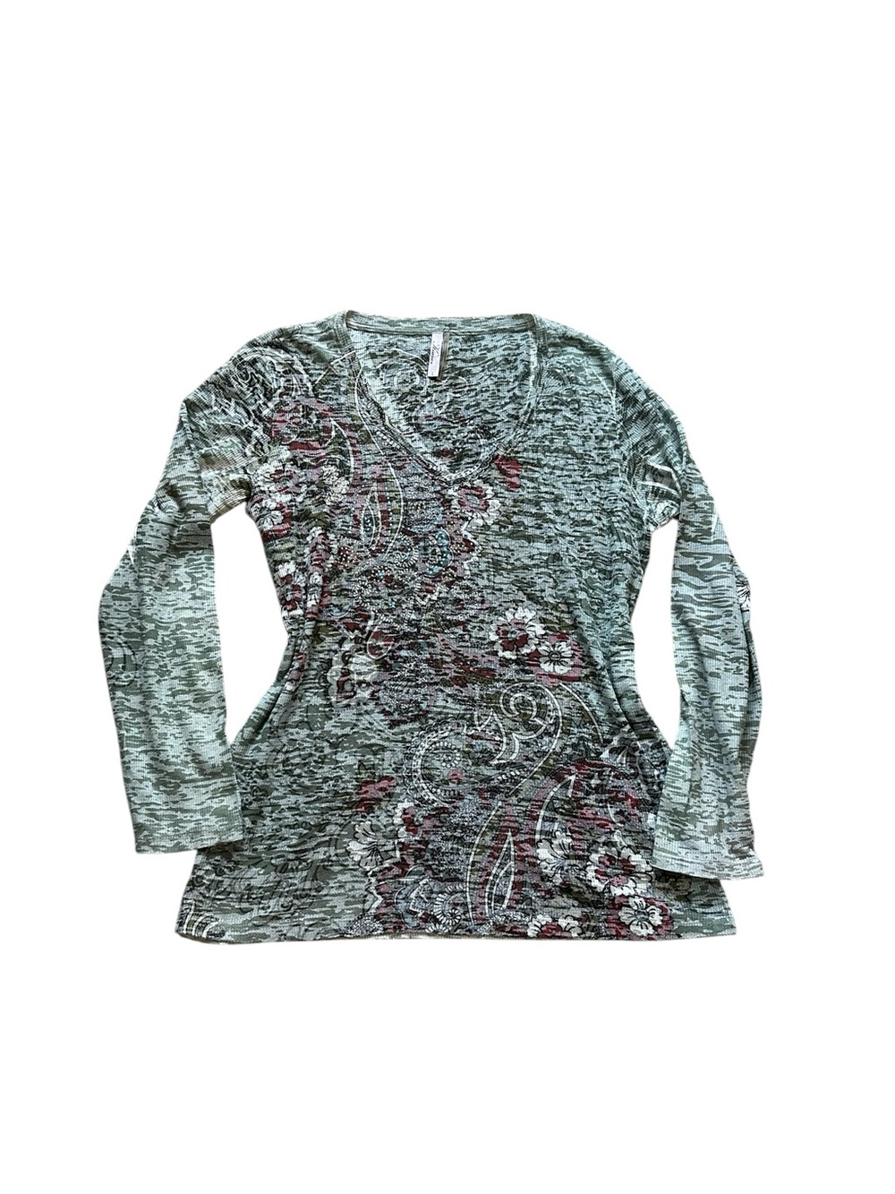 Kiara Y2K Floral Rhinestone Burnout V Neck T-Shirt Boho Grunge Streetwear